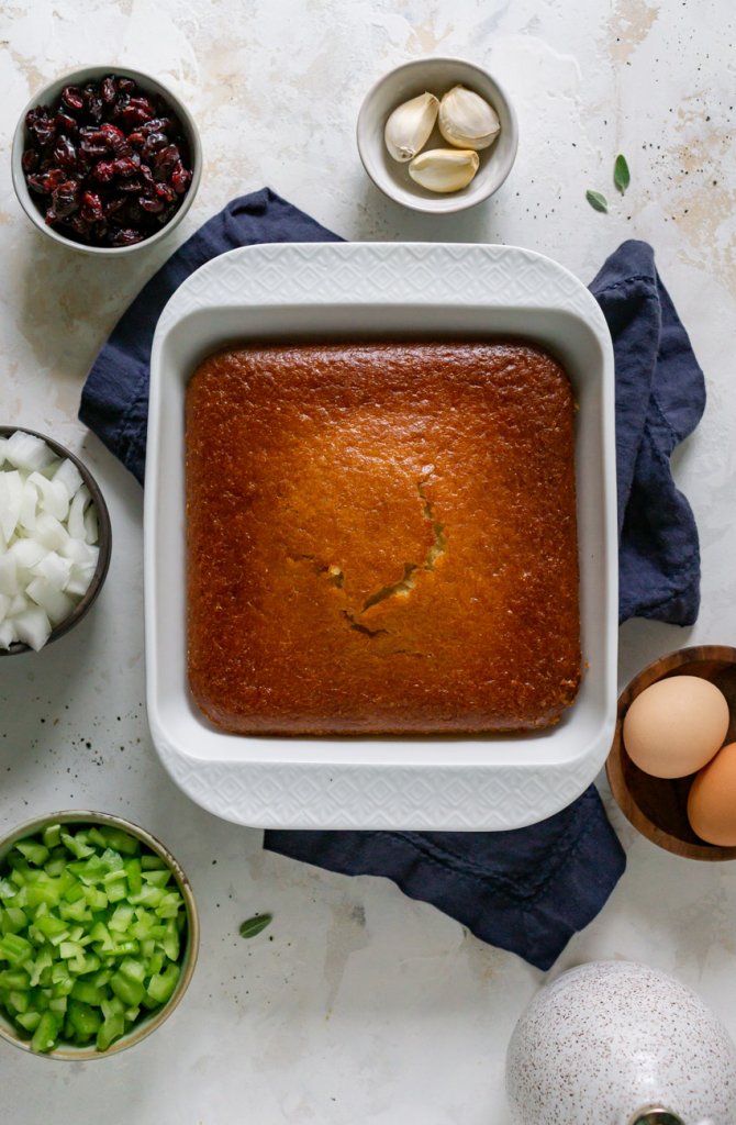 cornbread, celery, onion, dried cranberries, garlic, and eggs