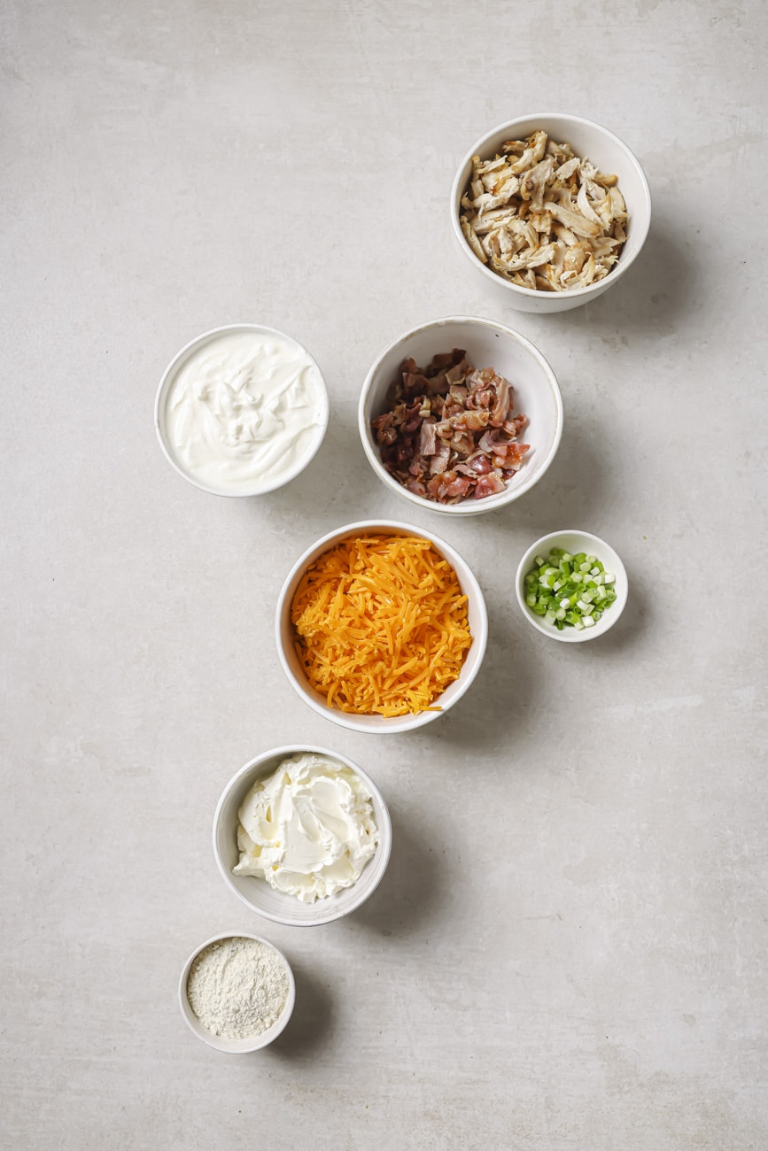 shredded cheese, crumbled bacon, green onion, chicken, and sour cream in small ingredient bowls