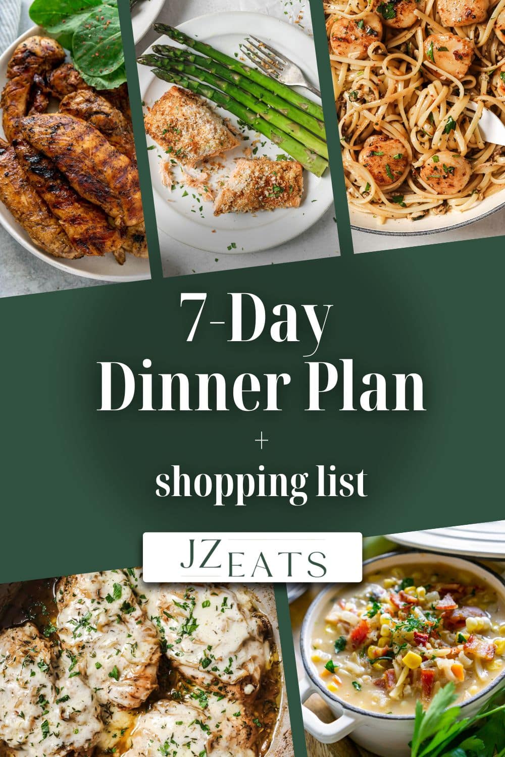 A collage of recipes with the title "7-Day Dinner Plan."