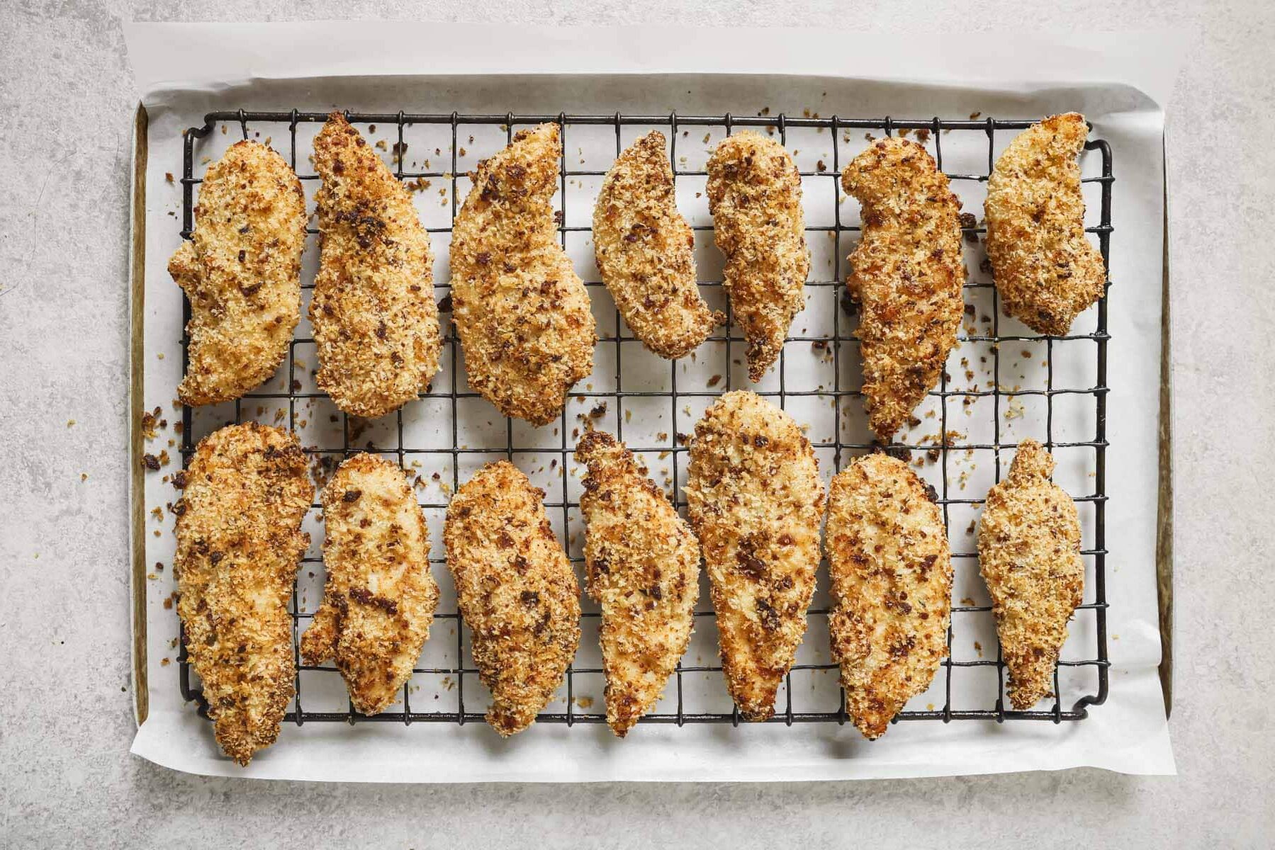 chicken bacon ranch tenders on a wire rack after broiling