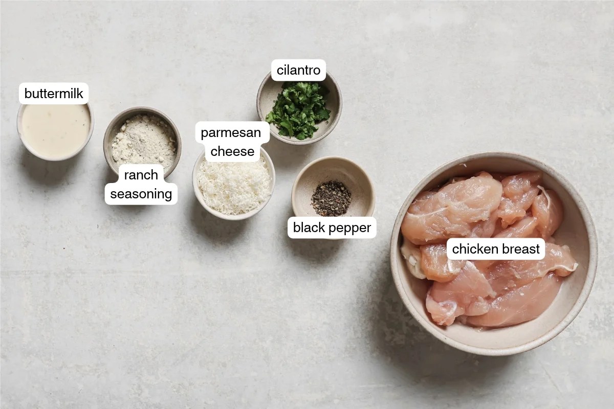 Labeled ingredients for air fryer ranch chicken.