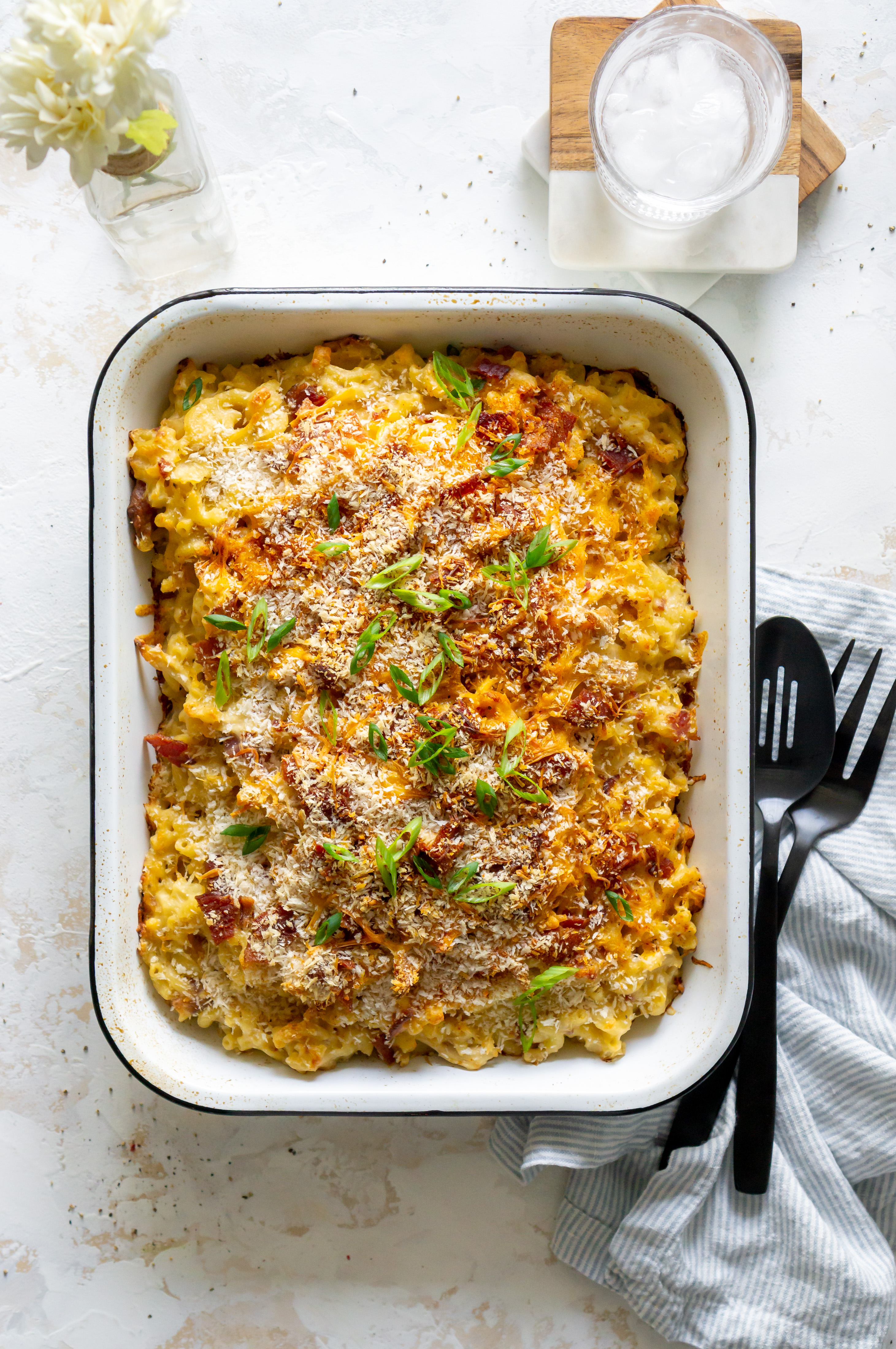 mac n cheese in a white baking pan