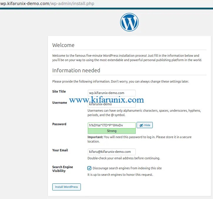 Installation of nginx web server · installation of php and mariadb server · installation of wordpress · creating an nginx virtual host for . Install WordPress with Nginx and MySQL 8 on CentOS 8 - kifarunix.com