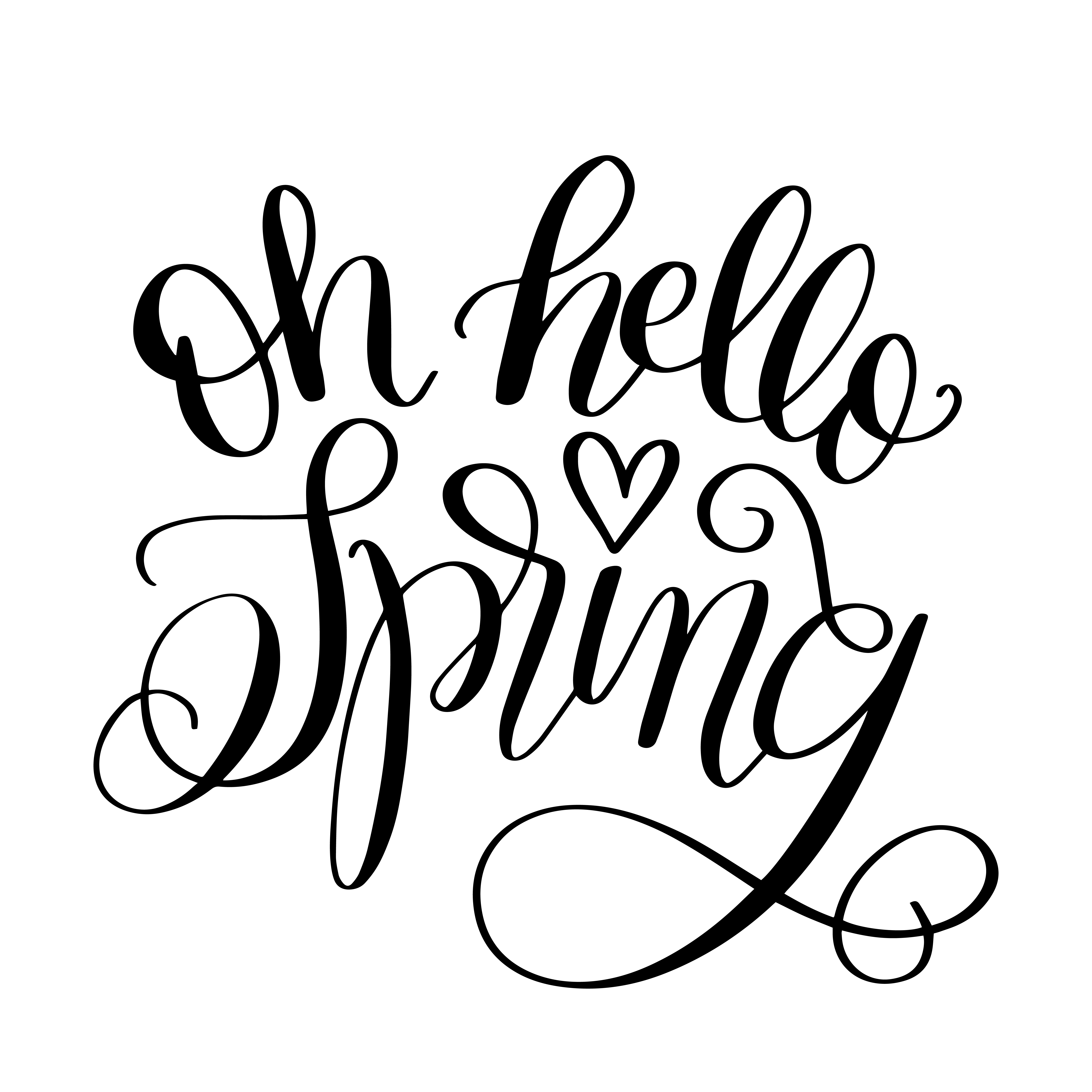 Plants Hello Spring Text Design Hand Painting Illustration Calligraphy