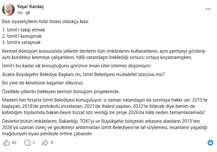 Kardaş’tan Büyükakın’a: Gündeminiz neden sürekli İzmit?