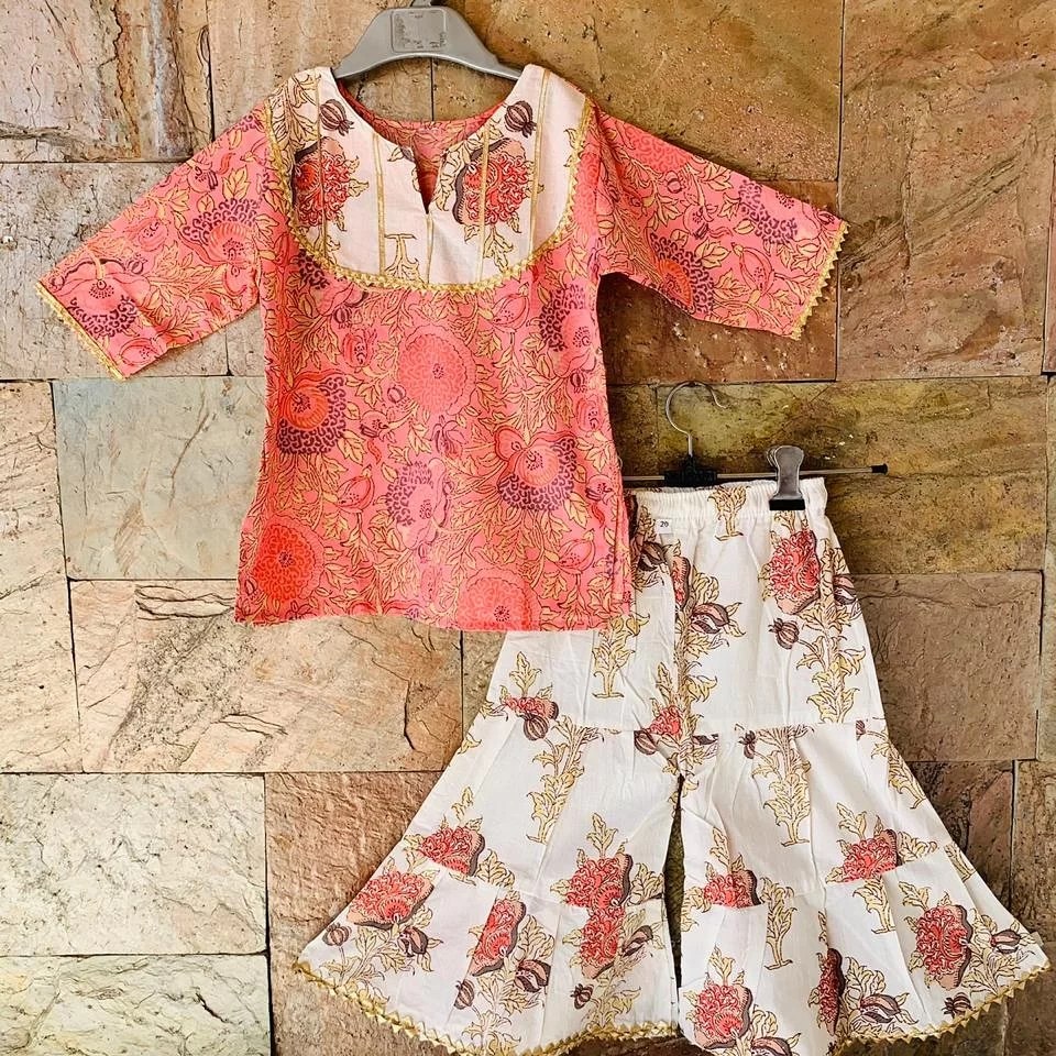 Girls Orange & Floral Print Kurta with Sharara