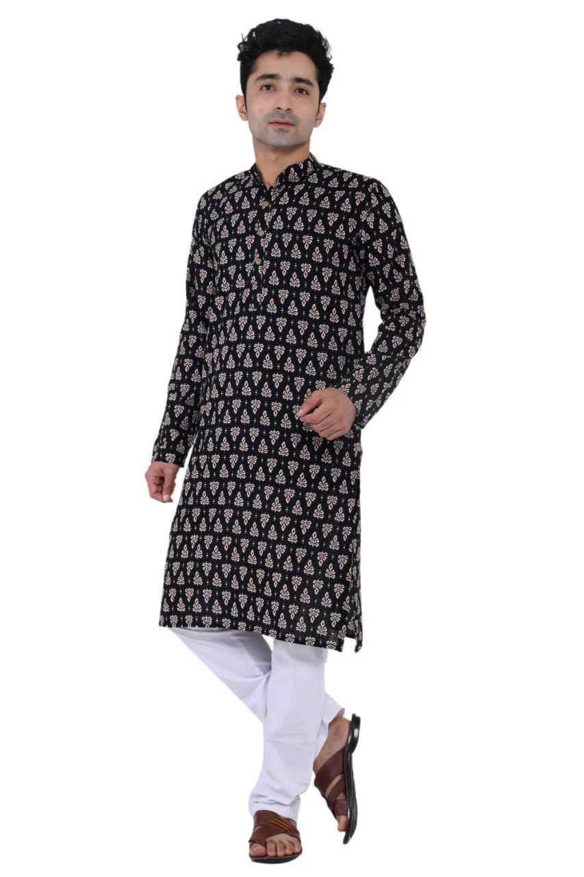 Men's Floral Print Kurta Pajama - Black