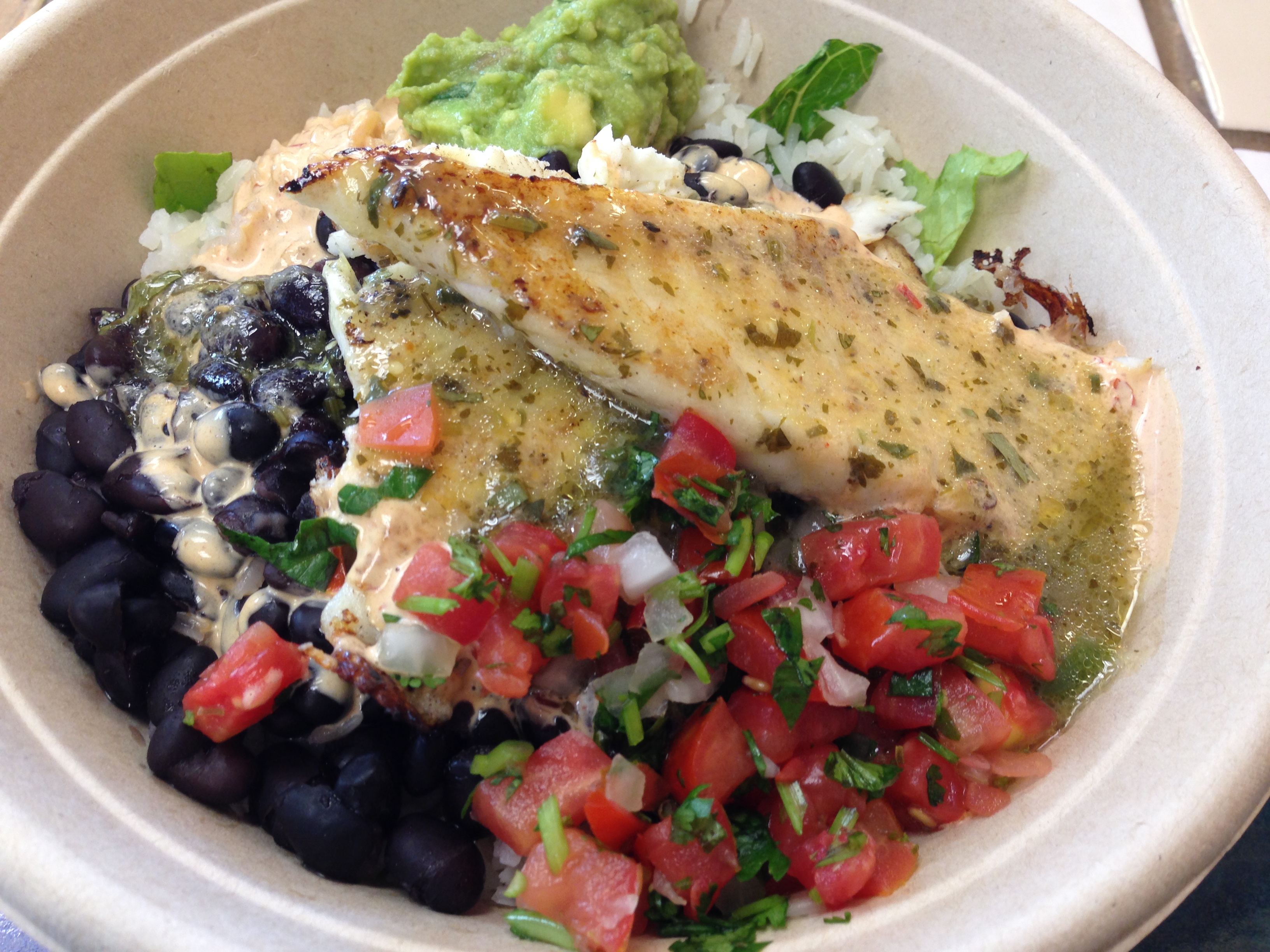 Enjoying Cilantro Lime Sea Bass at Rubio's LA Explorer