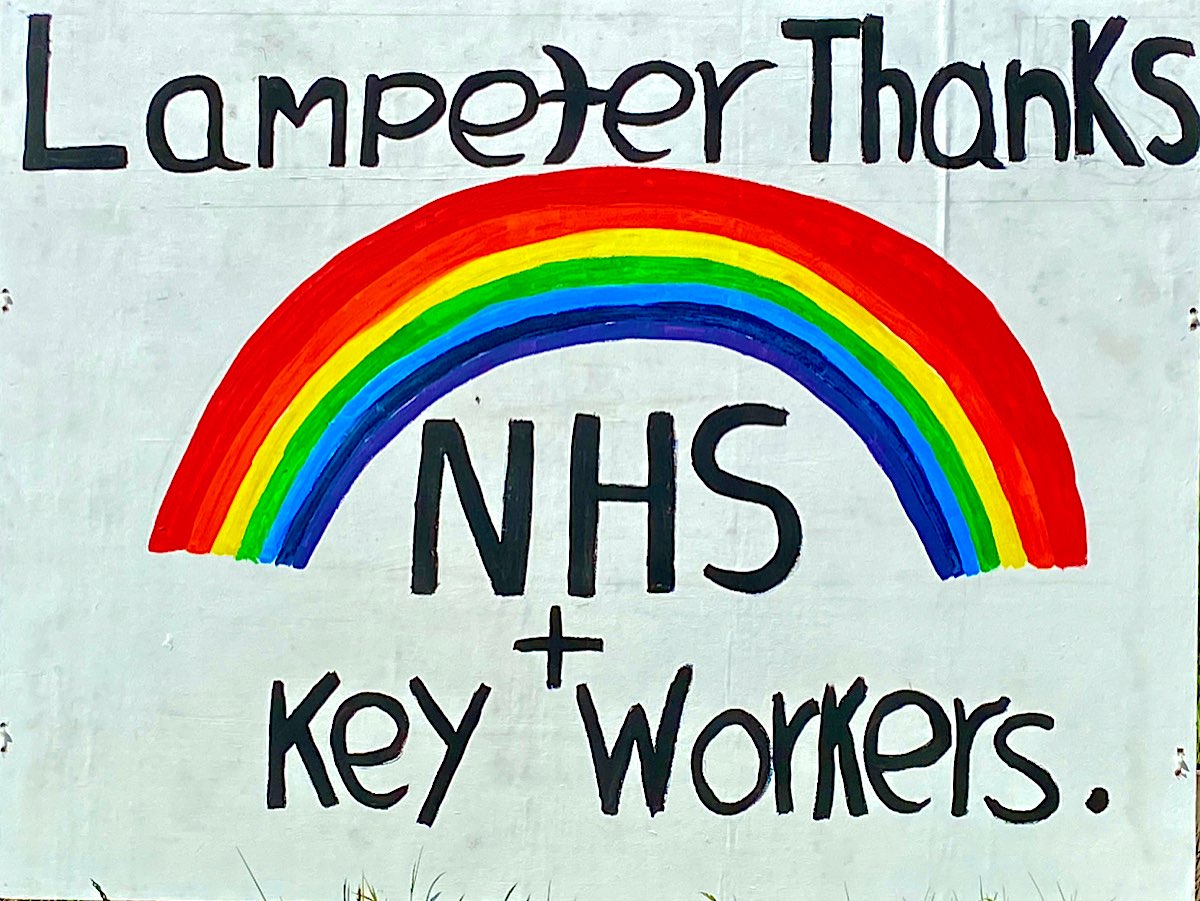 This is a great banner image with the words Lampeter Thanks above the rainbow, then NHS + Key Workers below it. The rainbow is accurately coloured and very bright.