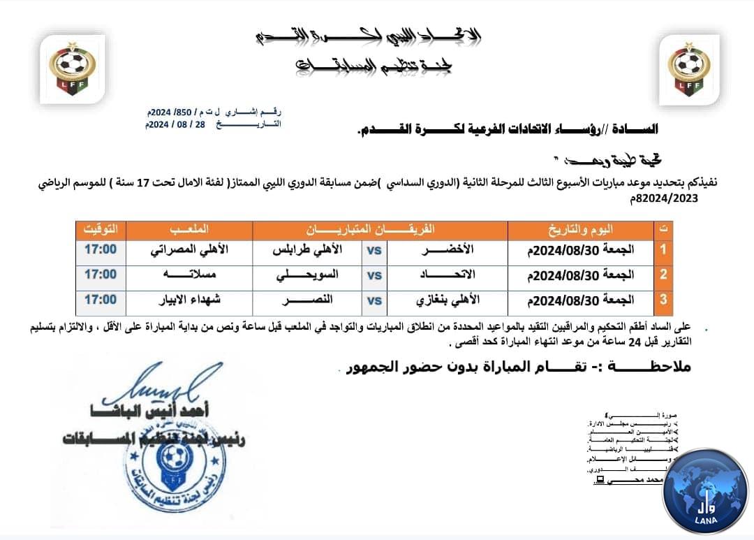 مباريات الدور السداسي الجولة الثالثة لفئة تحت 17 سنة لكرة القدم تقام غدا الجمعة . 