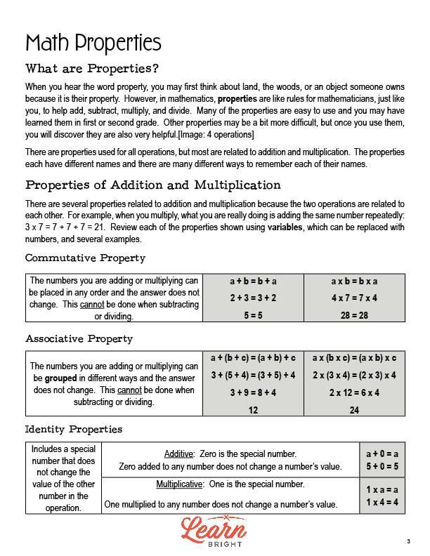 Formally, they write this property as a(b + c) = . Math Properties Free Pdf Download Learn Bright