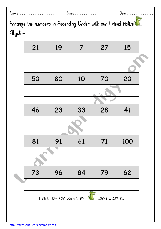 math worksheet for grade 1arrange the numbers in ascending order