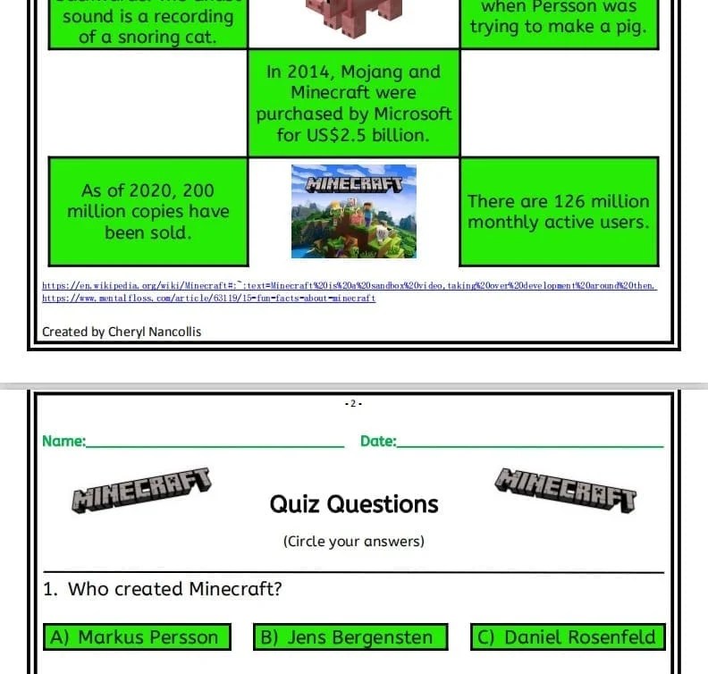 history of minecraft comprehension literacy activity free and premium teaching resources worksheets lesson planned