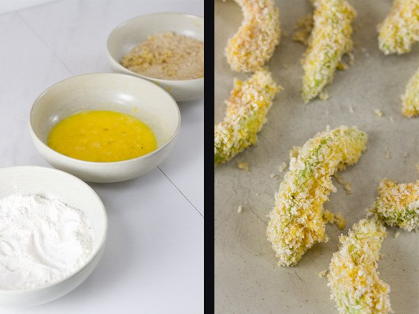 process shot for set up of Air Fryer Avocado Fries dipping bowls on left and coated avocados on the right