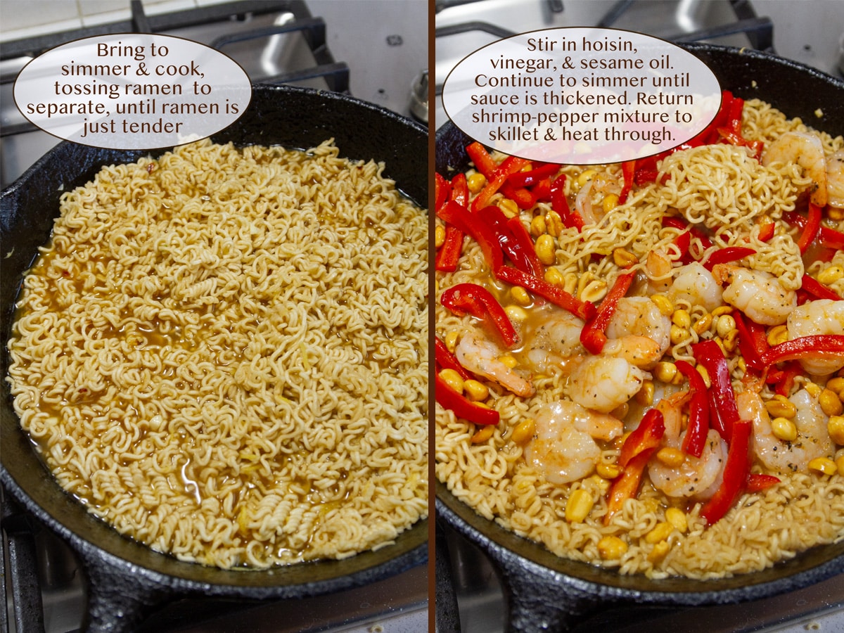 cooking ramen noodles in a skillet on left and added shrimp and red pepper on right.