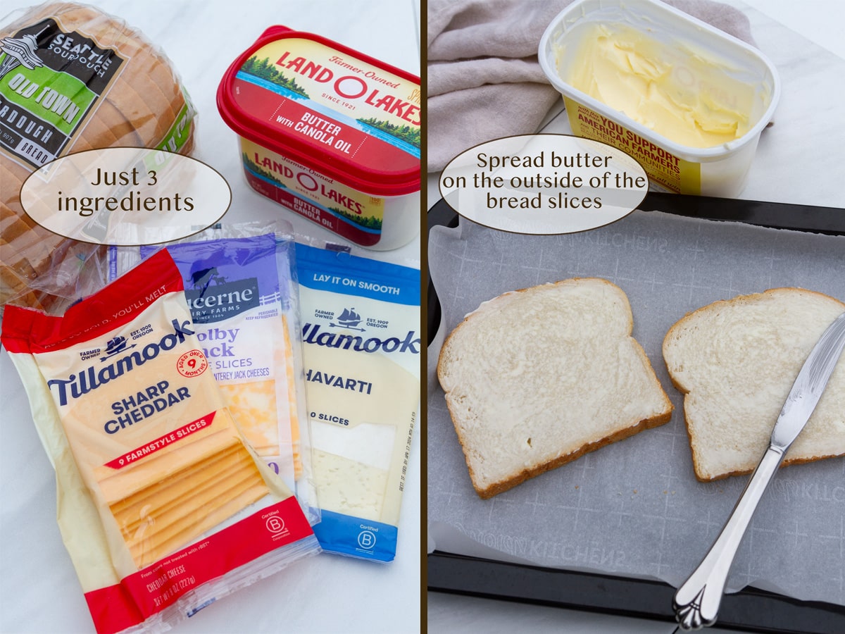 ingredients for a grilled cheese on left and spreading butter on the bread on right.