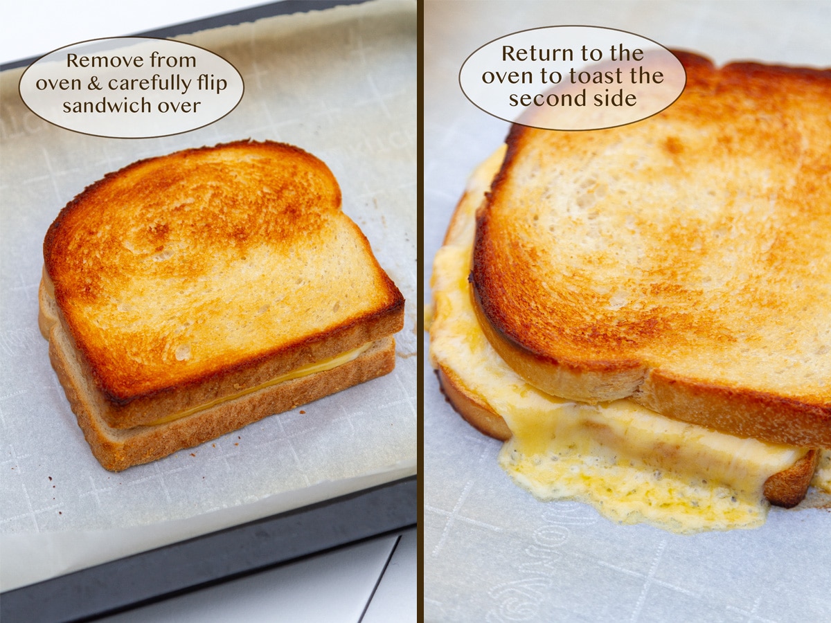 a toasted grilled cheese on left, and with the cheese melting out on right.