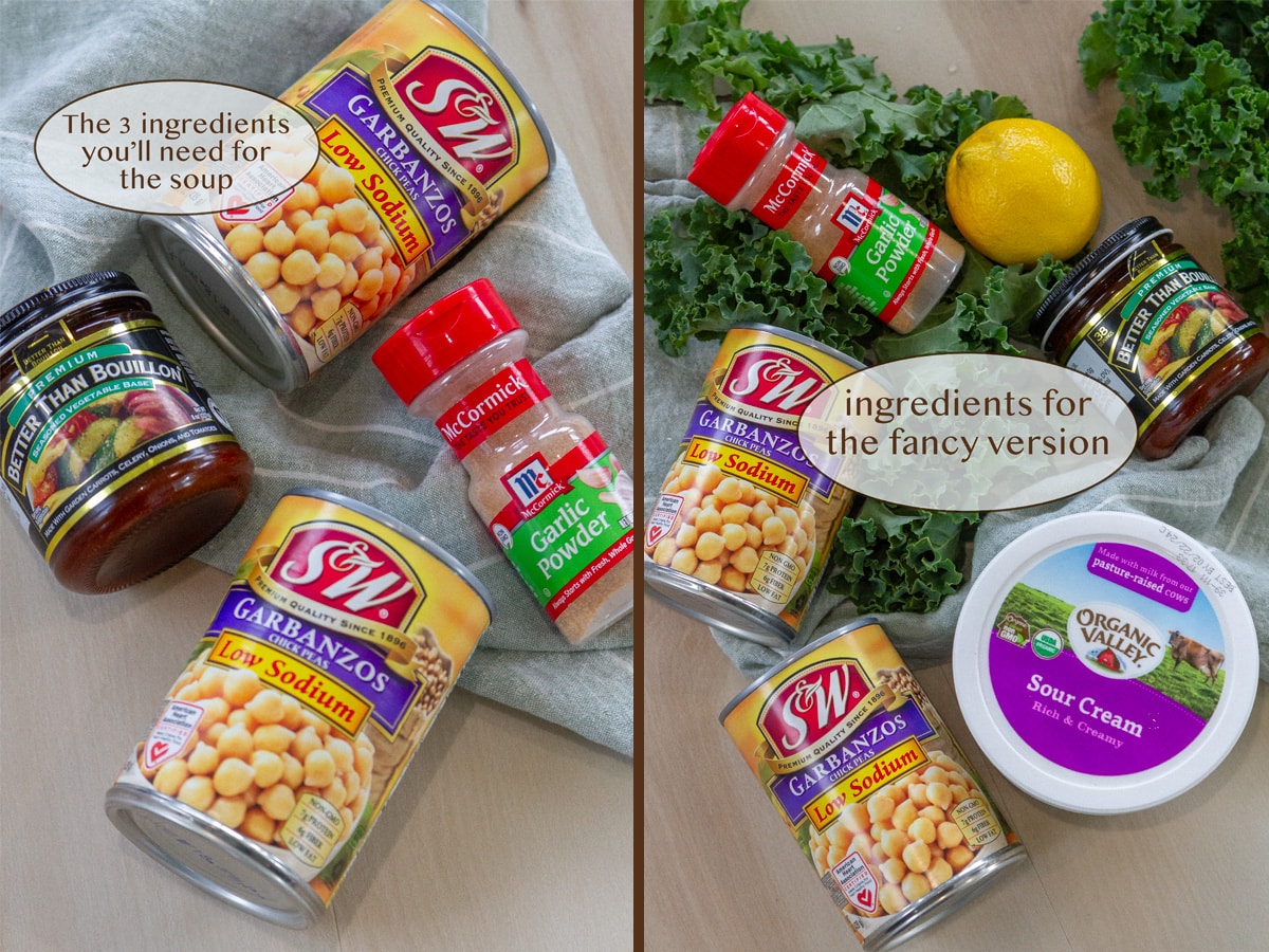 ingredients for this soup recipe on the left with add ins on the right.