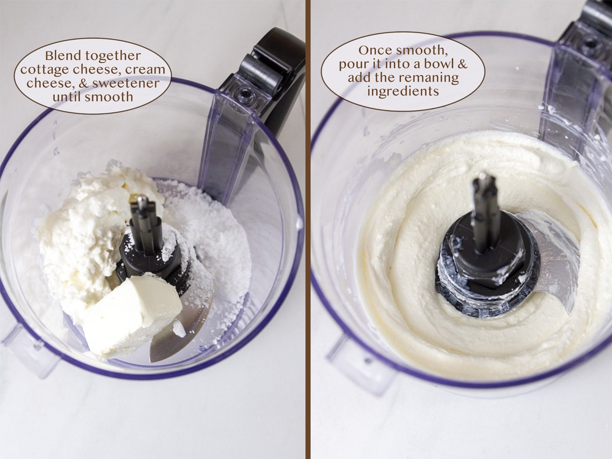 ingredients in a food processor on left and blended up on right.