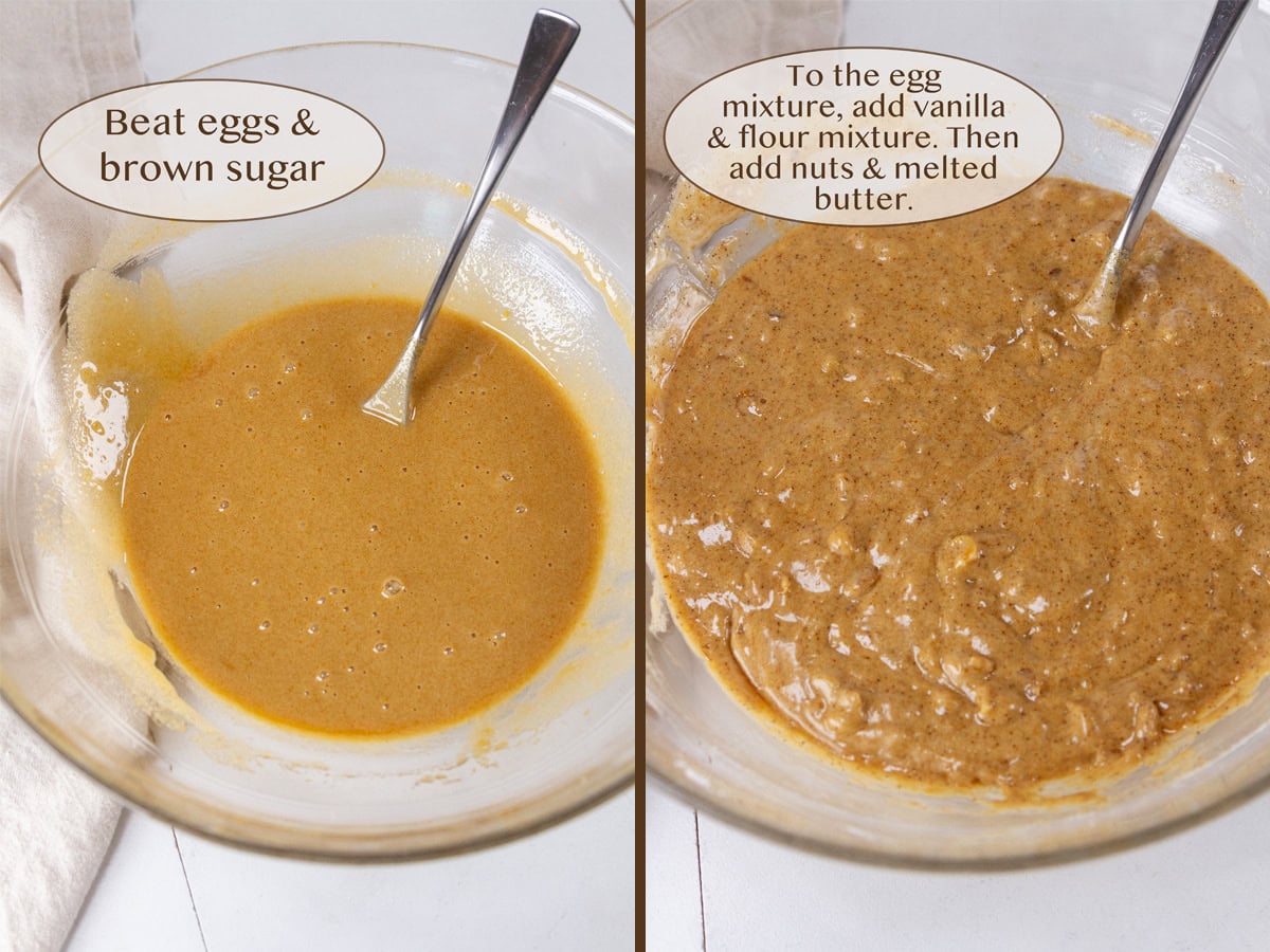eggs and brown sugar mixed in a bowl on left and with added flour mixture butter and nuts on left.