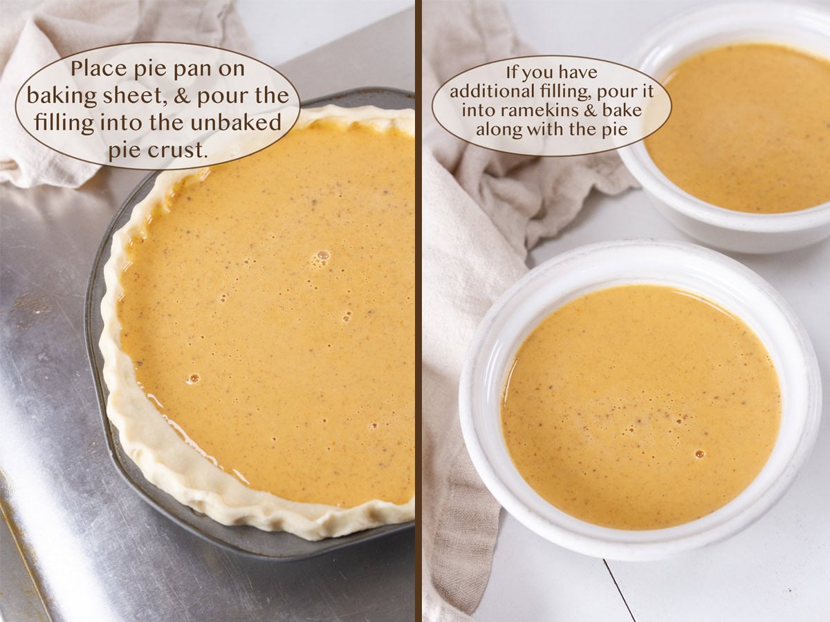 filling poured into a pie crust on left and into ramekins on right.