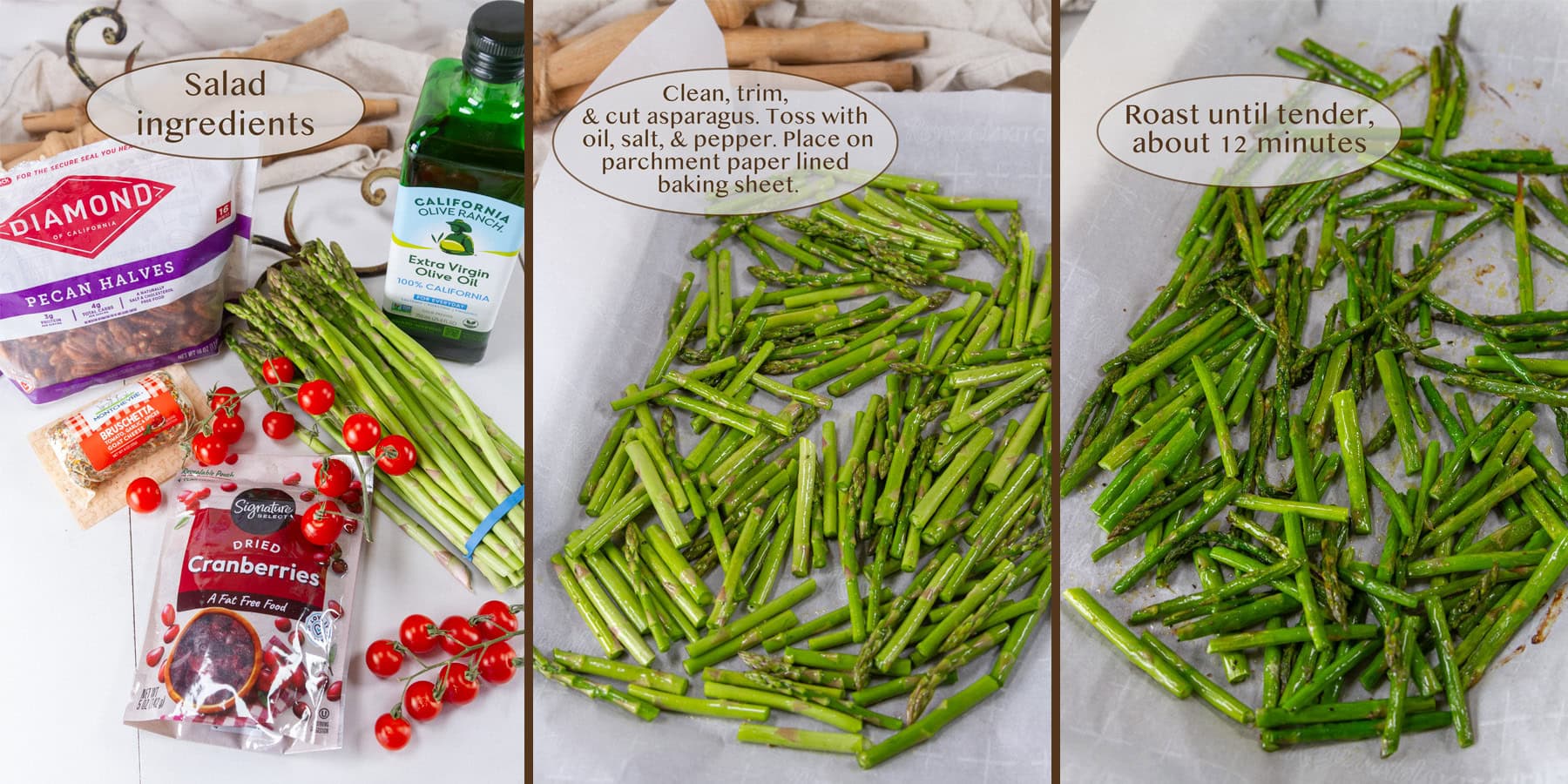 a collage of ingredients, cut raw asparagus, and roasted asparagus.