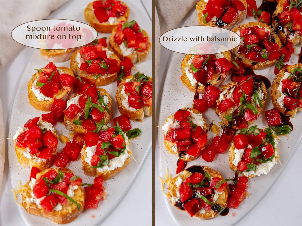 bread topped with tomato mixture on left and drizzled with balsamic on right.