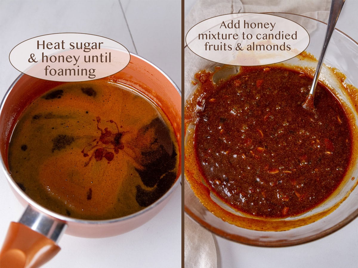 honey and sugar heated together on left and mixed into fruits and almonds on right.