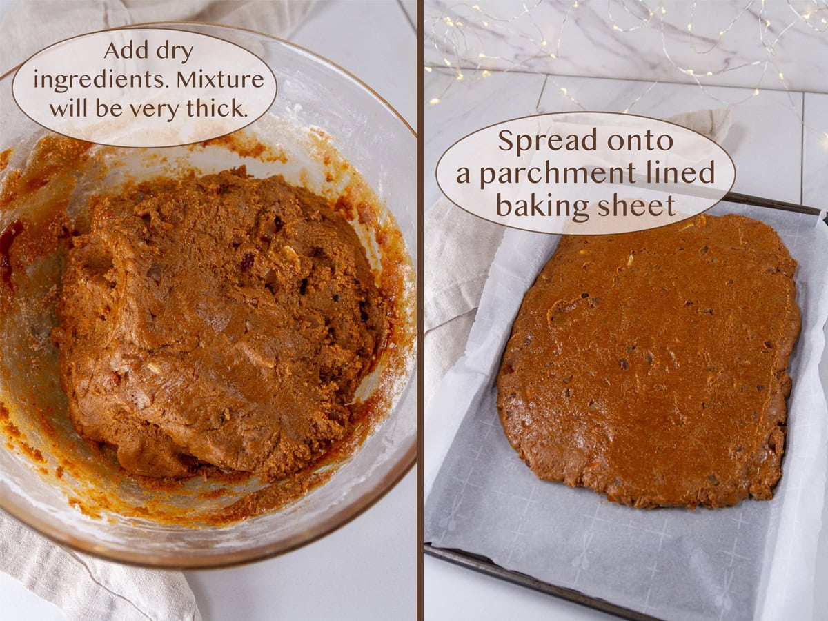 gingerbread dough in a bowl on left and spread into a baking sheet on right.