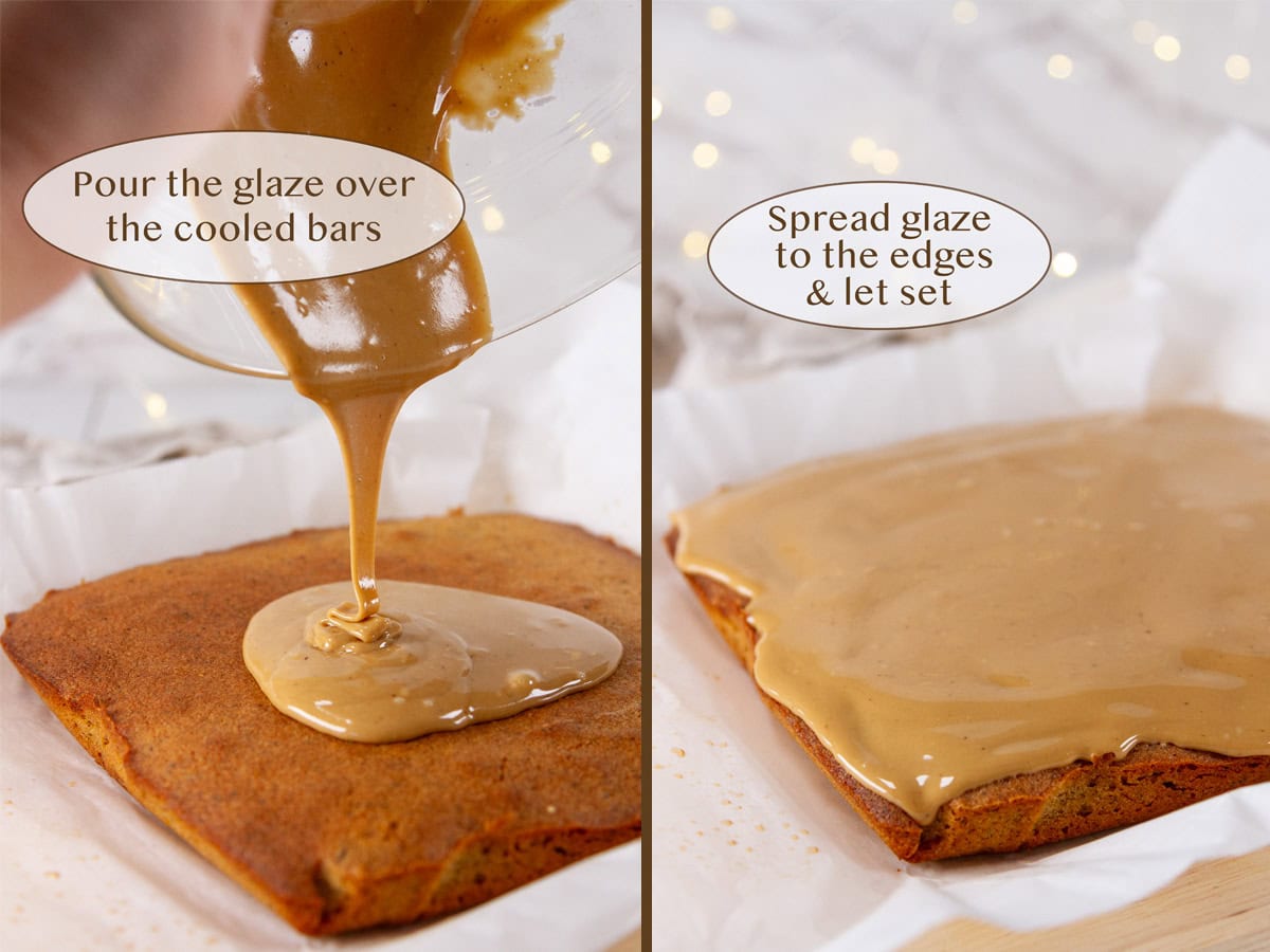 pouring glaze on the baked dessert, and after spreading it out.