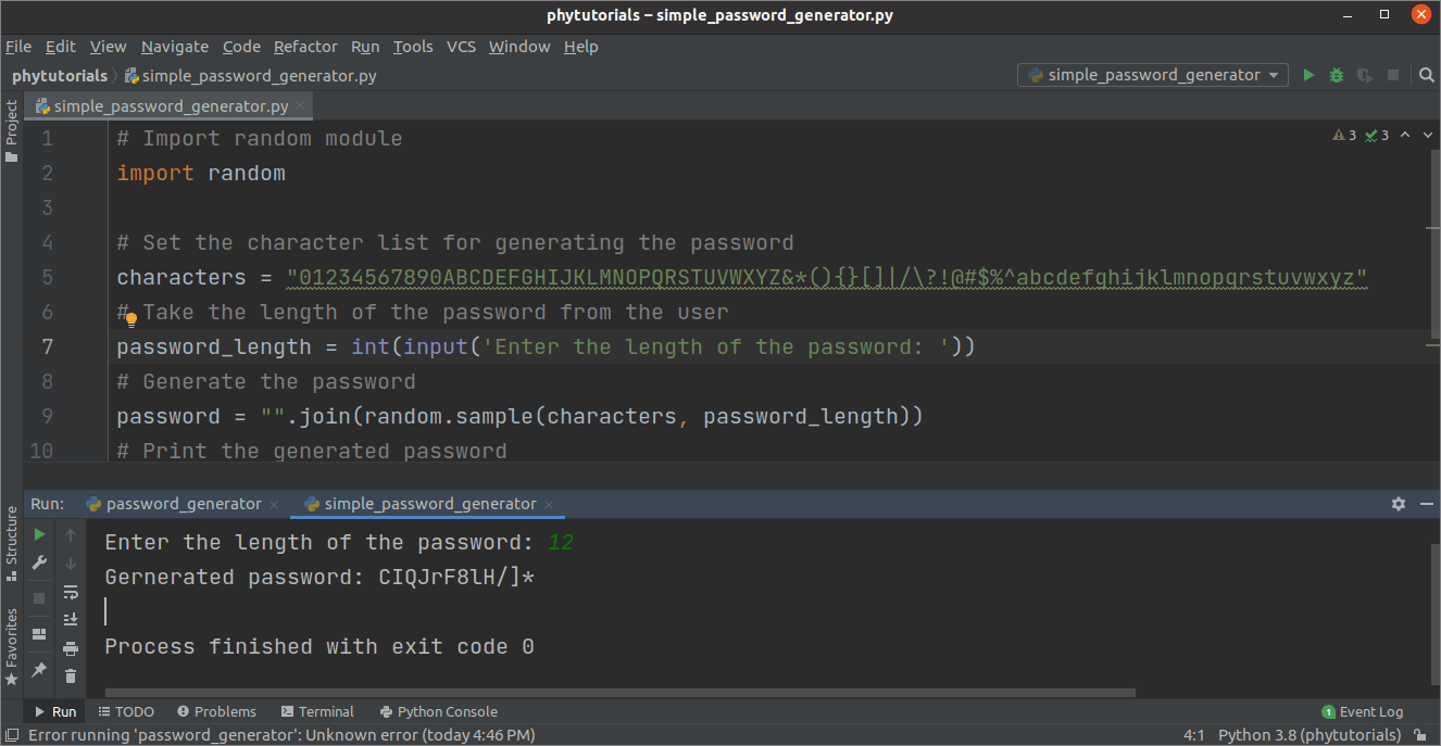 Generators are special functions that have to be iterated to get the values. Python Password Generator