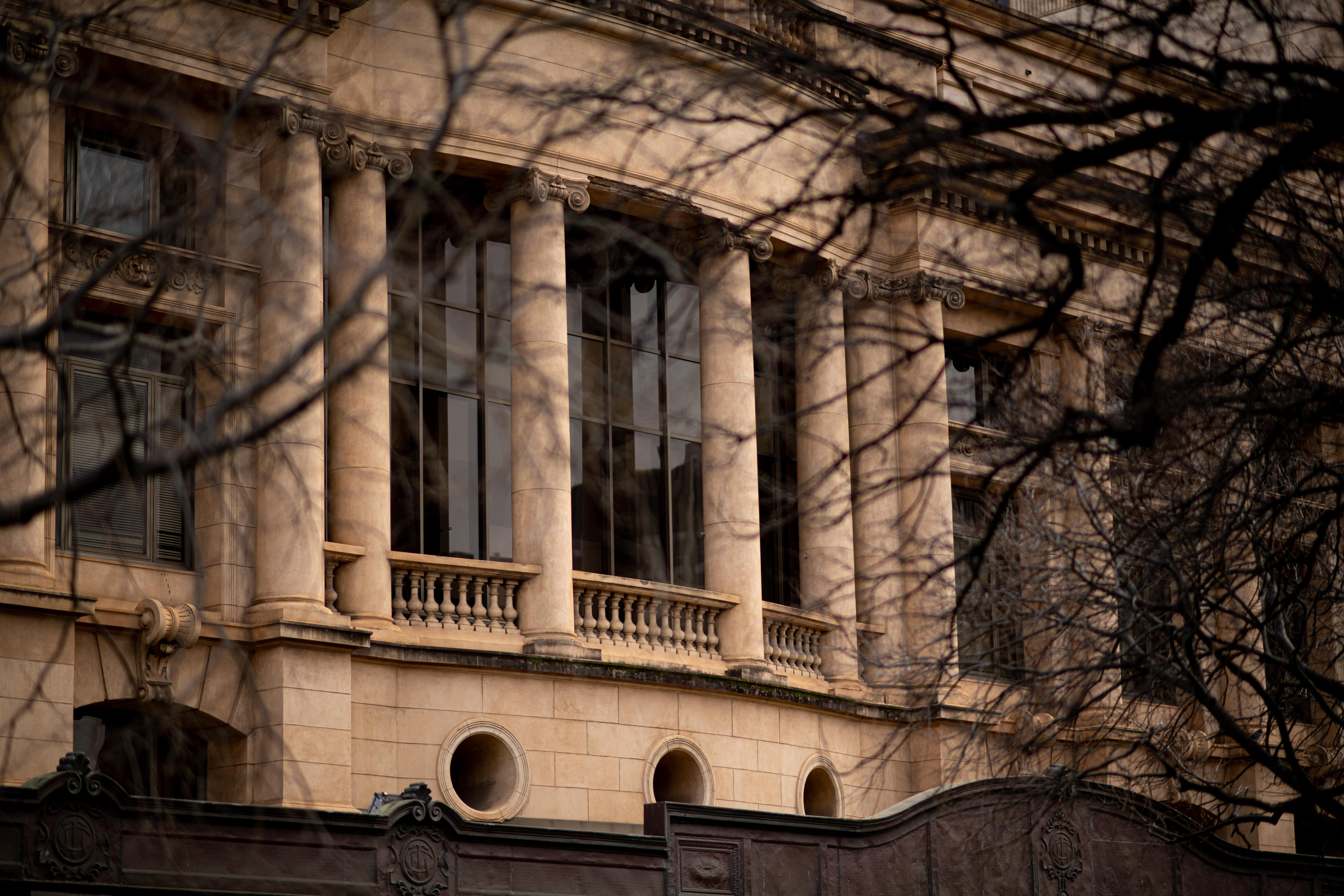 Bare branches covering a tall beige building in the background
