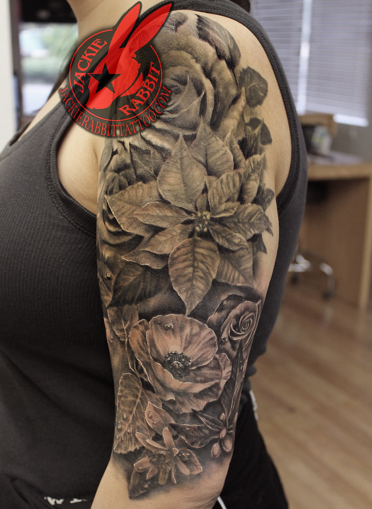 Black And Grey Realistic 3D Best Flower Sleeve Rose Popy T… | Flickr
