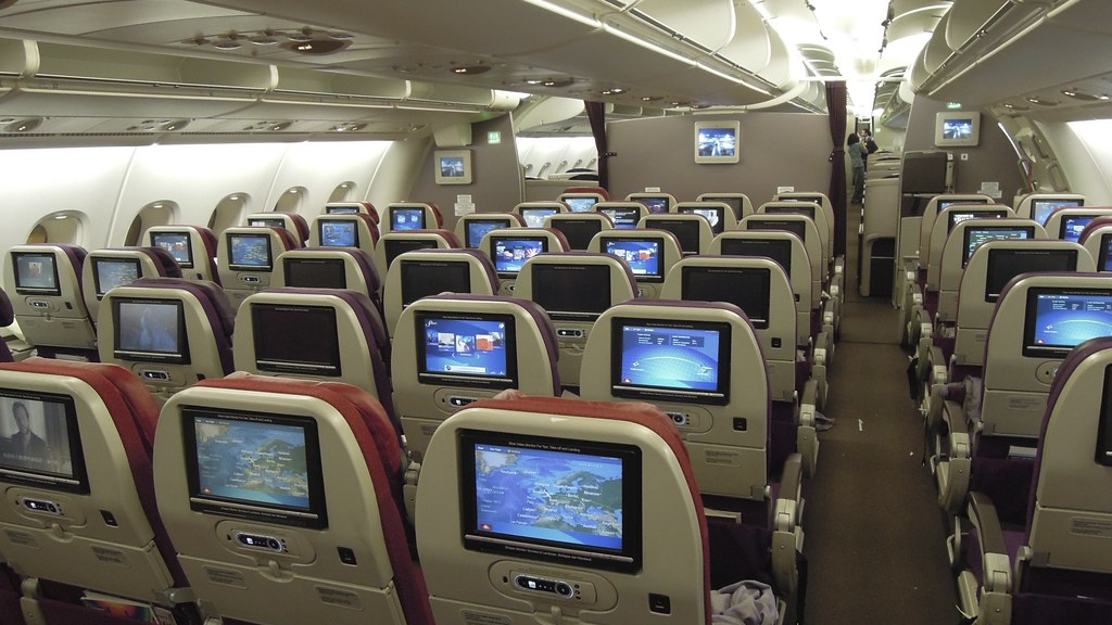Qantas took the largest passenger plane in the wor. Malaysian A380 Upper deck Economy cabin, Heathrow | The