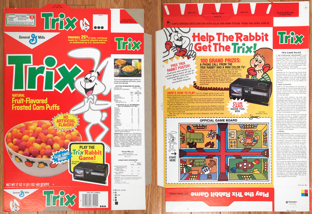 Players pick up the cereal pieces that match the color of their spoon's . 1982 General Mills Trix Cereal Box Rabbit Game Gregg Koenig Flickr