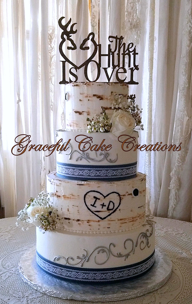 Learning how to make a wedding cake is easier than you think! Elegant Rustic Wedding Cake With Alternating Birch Bark Design And Silver Scrolls With Denim And Lace A Photo On Flickriver