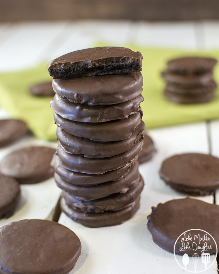 Side view of copy cat thin mints stacked on top of each other.