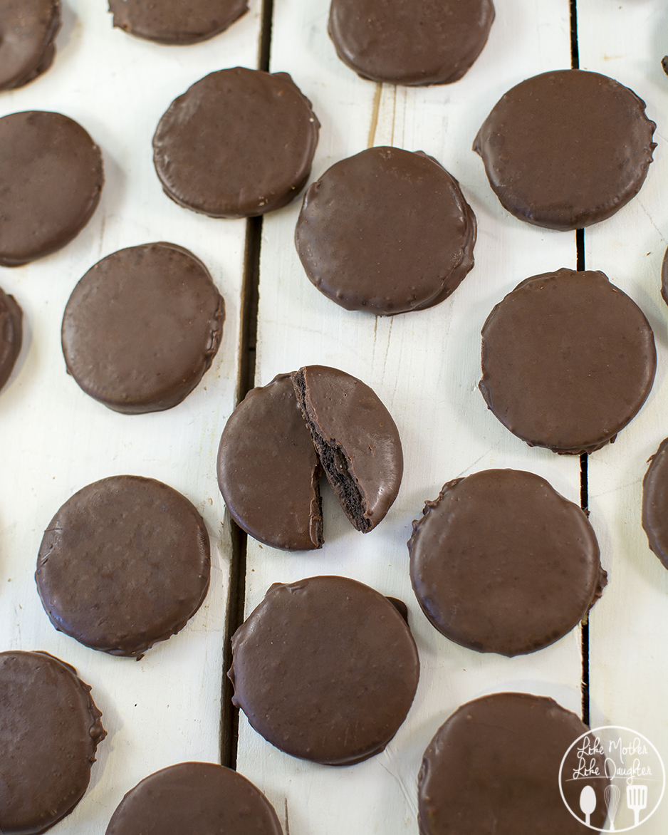 Above view of copy cat thin mints on a white board platter.