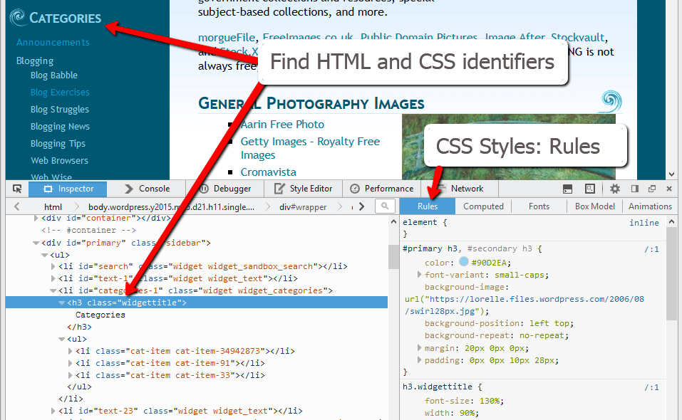 Here are resources to help you use both to create amazing web pages. Html Css Finding Your Css Styles In Wordpress Wordpress Widget Heading Lorelle Wordpress School Lorelle On Wordpress