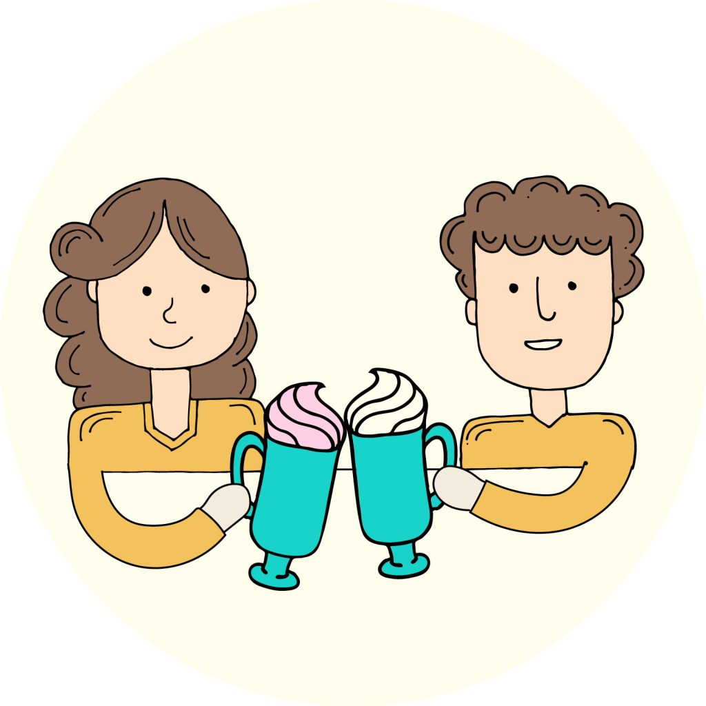 Cartoon illustration of a male and female toasting whipped cream topped drinks.