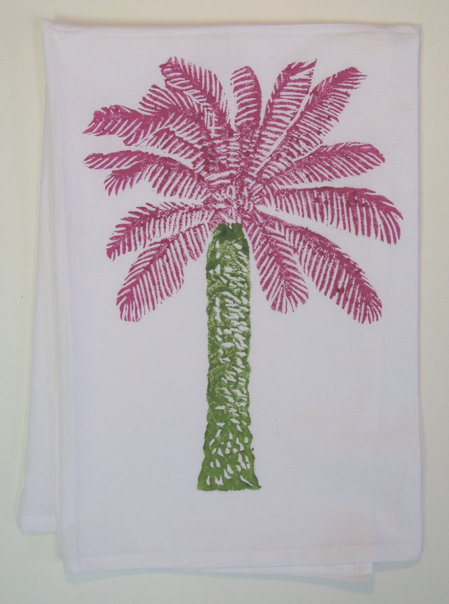 Palm Tree (Pink/Dark Green) on White Flour Sack Towel Lowcountry Linens
