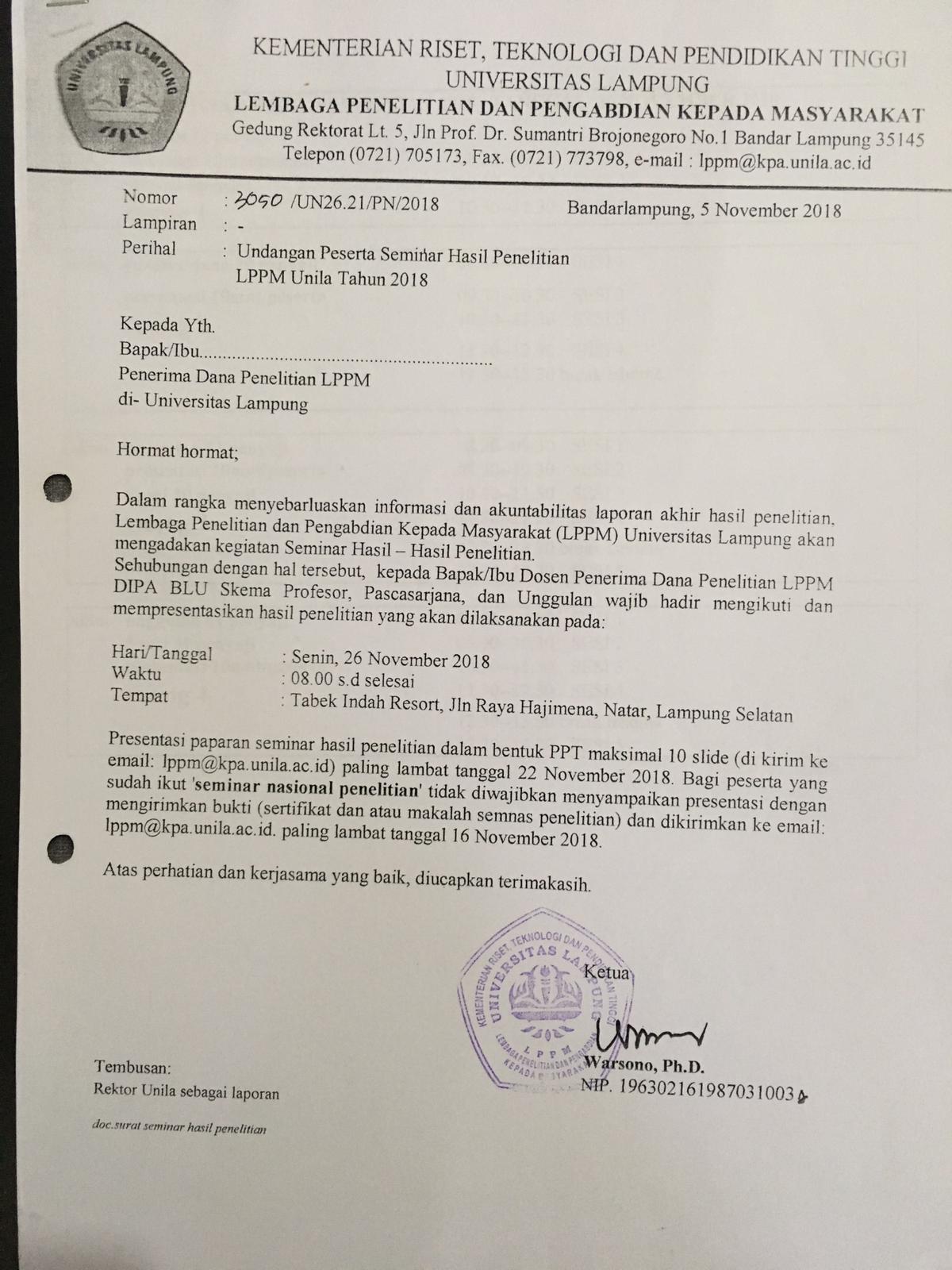 Pengumuman workshop kewirausahaan tahun 2020. Undangan Seminar Hasil Penelitian Dan Seminar Hasil Pengabdian Lppm Unila 2018 Lppm Unila