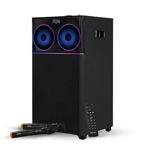 AKAI 100 Watts Bluetooth Speaker with 2 Wireless Mic Karaoke System | Bluetooth 5.0 Home Theatre Music System with Deep Bass Sound for TV, PC, Smartphone Music & Movies | AUX/USB/FM (Ultraboom-100) AKAI 100 Watts Bluetooth Speaker with 2 Wireless Mic Karaoke System | Bluetooth 5.0 Home Theatre Music System with Deep Bass Sound for TV, PC, Smartphone Music & Movies | AUX/USB/FM (Ultraboom-100)