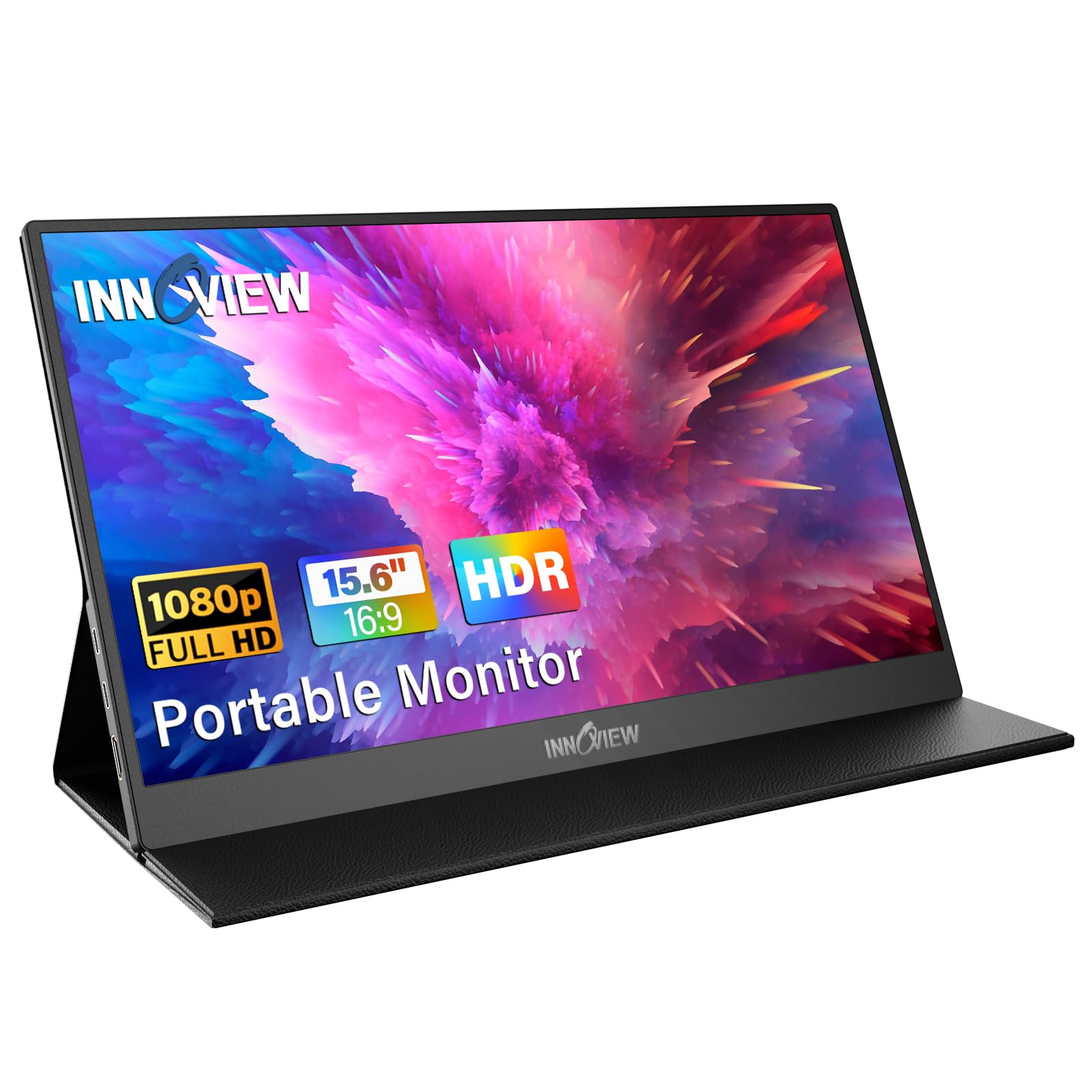 InnoView Portable Monitor, 15.6 Inch FHD 1080P HDMI USB C Second External Monitor for Laptop, Desktop, MacBook, Phones, Tablet, PS5/4, Xbox, Switch, Built-in Speaker with Protective Case 15.6 Inches Leather Case