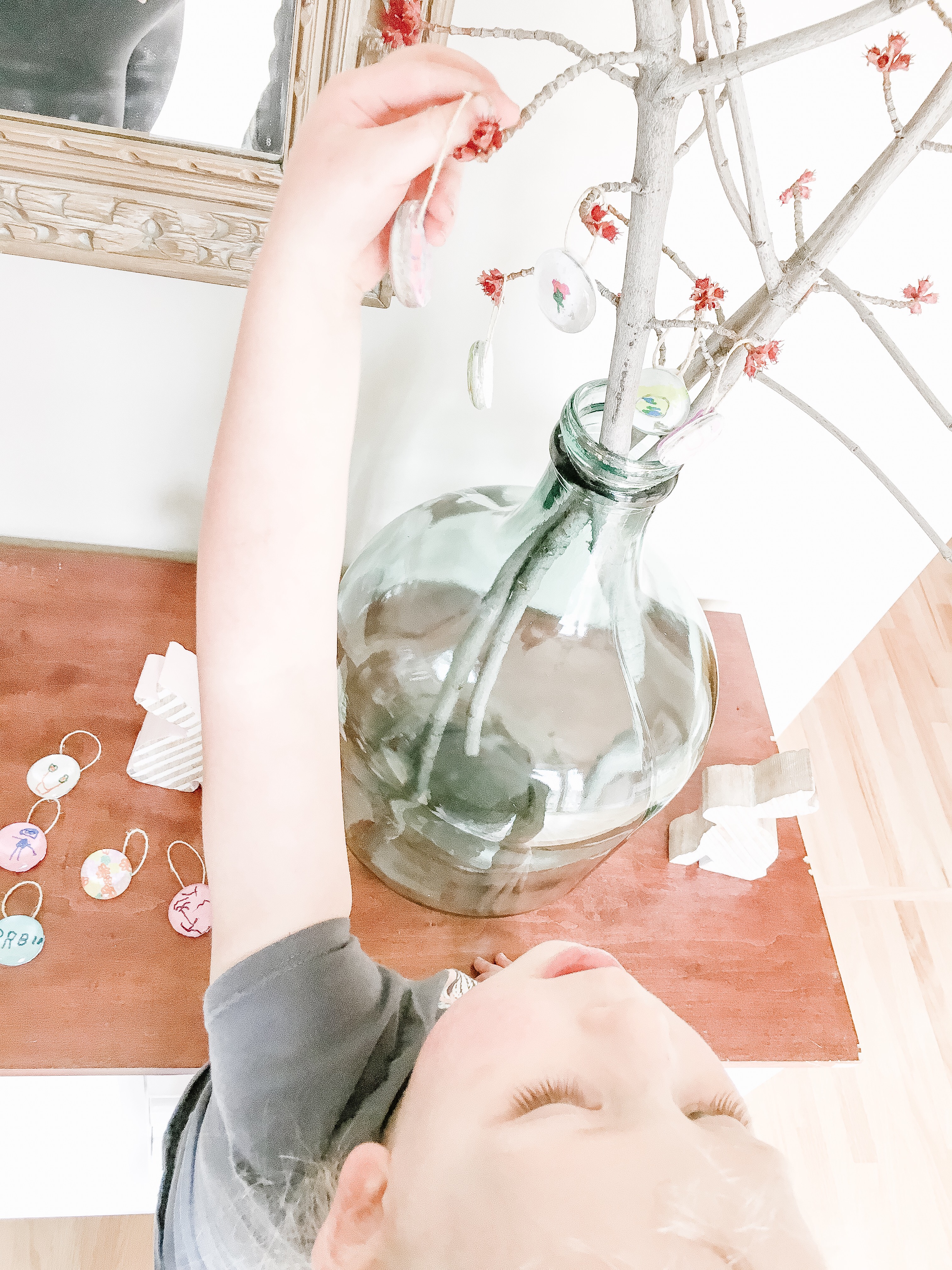 DIY Easter Tree with Cute Glass Gem Easter Decorations! - hang onrnaments on easter tree