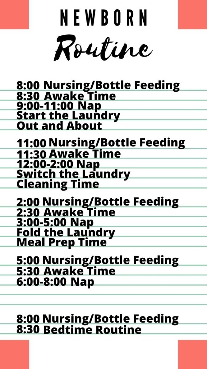 Block 1
8:00 Nursing/Bottle Feeding
8:30 Awake Time
9:00-11:00 Nap
Start the Laundry
Out and About
Block 2
11:00 Nursing/Bottle Feeding
11:30 Awake Time
12:00-2:00 Nap
Switch the Laundry
Cleaning Time
Block 3
2:00 Nursing/Bottle Feeding
2:30 Awake Time
3:00-5:00 Nap
Fold the Laundry
Meal Prep Time
Block 4
5:00 Nursing/Bottle Feeding
5:30 Awake Time
6:00-8:00 Nap
Block 5
8:00 Nursing/Bottle Feeding
8:30 Bedtime Routine