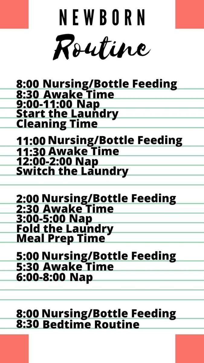 Block 1
8:00 Nursing/Bottle Feeding
8:30 Awake Time
9:00-11:00 Nap
Start the Laundry
Block 2
11:00 Nursing/Bottle Feeding
11:30 Awake Time
12:00-2:00 Nap
Switch the Laundry
Cleaning Time
Block 3
2:00 Nursing/Bottle Feeding
2:30 Awake Time
3:00-5:00 Nap
Fold the Laundry
Meal Prep Time
Block 4
5:00 Nursing/Bottle Feeding
5:30 Awake Time
6:00-8:00 Nap
Block 5
8:00 Nursing/Bottle Feeding
8:30 Bedtime Routine