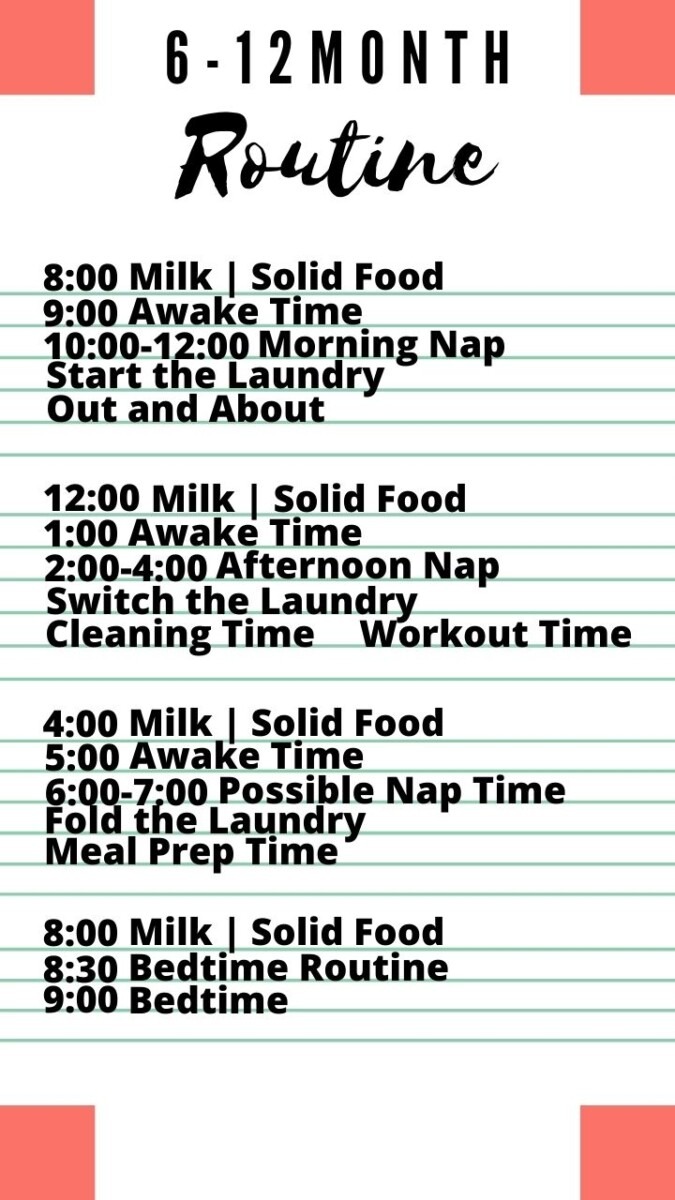 8:00 Milk Then Solid Food
9:00 Awake Time
10:00-12:00 Morning Nap
Start the Laundry 
Out and About
12:00 Milk Then Solids Food
1:00 Awake Time
2:00-4:00 Afternoon Nap
Switch the Laundry 
Cleaning Time
Workout Time

4:00 Milk then Solid Food
5:00 Awake Time
6:00-7:00 Possible Nap Time
8:00 Milk then Solid Food
8:30 Bedtime Routine
9:00 Bedtime