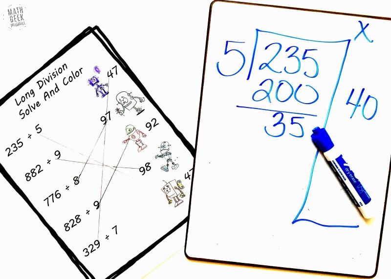 free long division practice for grade 4 cute robot theme