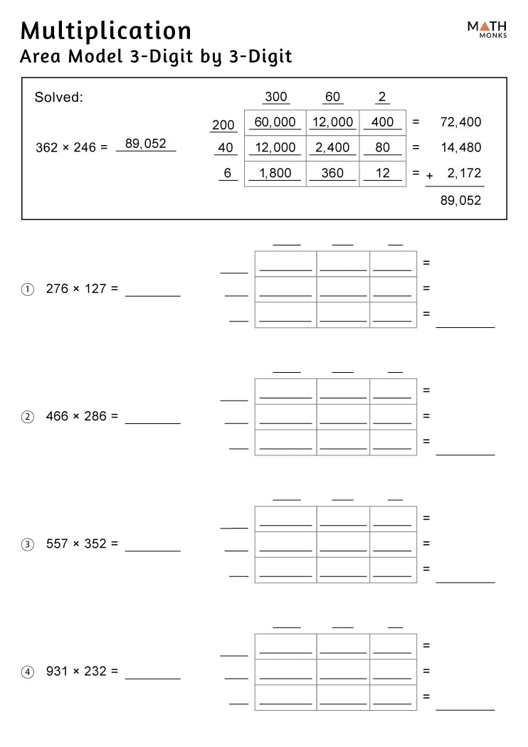 area model multiplication worksheets math monks